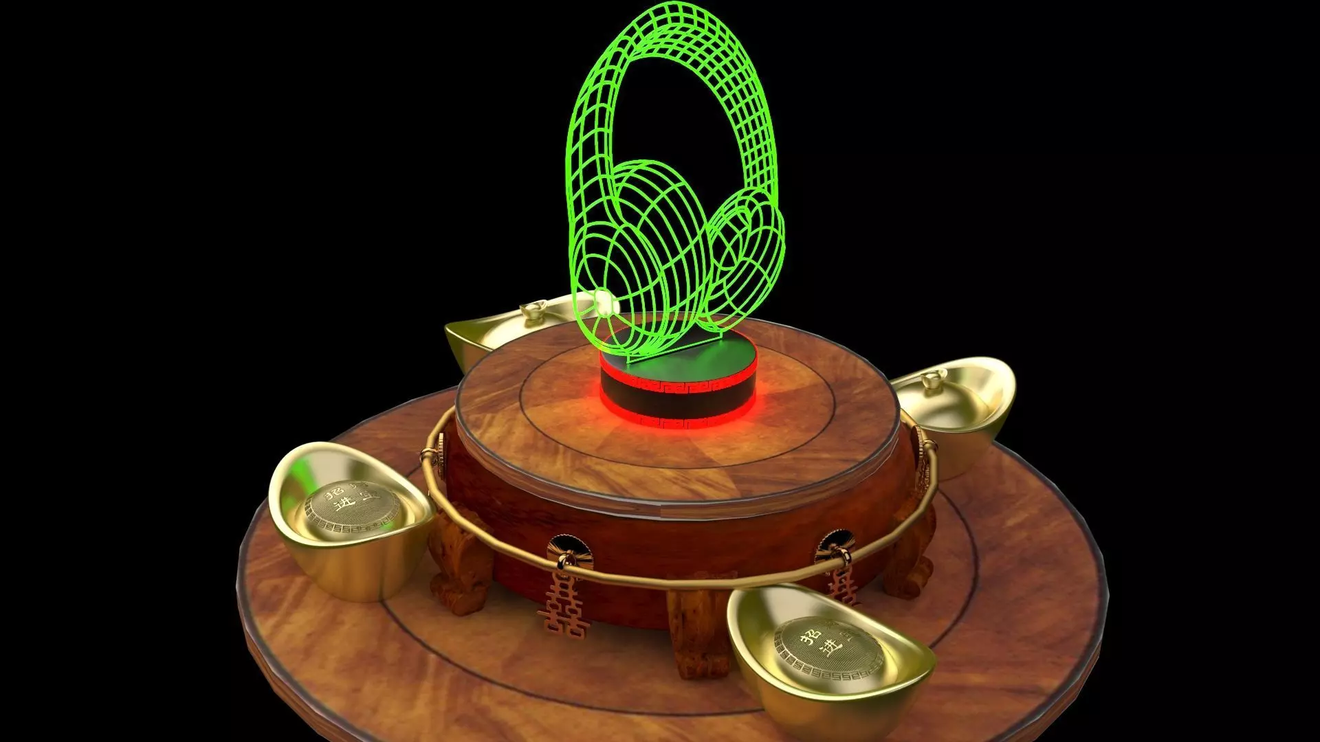 Chinese gold ingot  with neon headphone  3D model_0