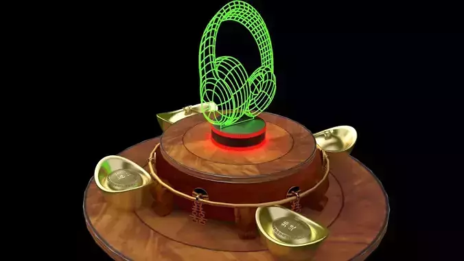 Chinese gold ingot  with neon headphone 