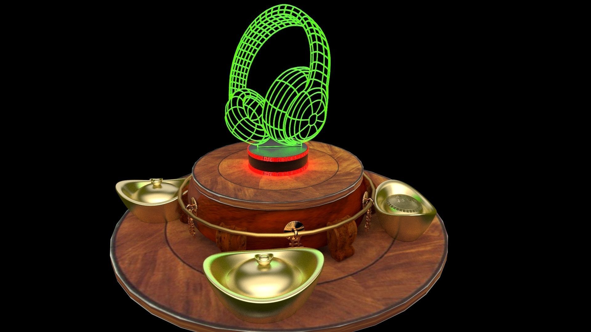Chinese gold ingot  with neon headphone  3D model_2