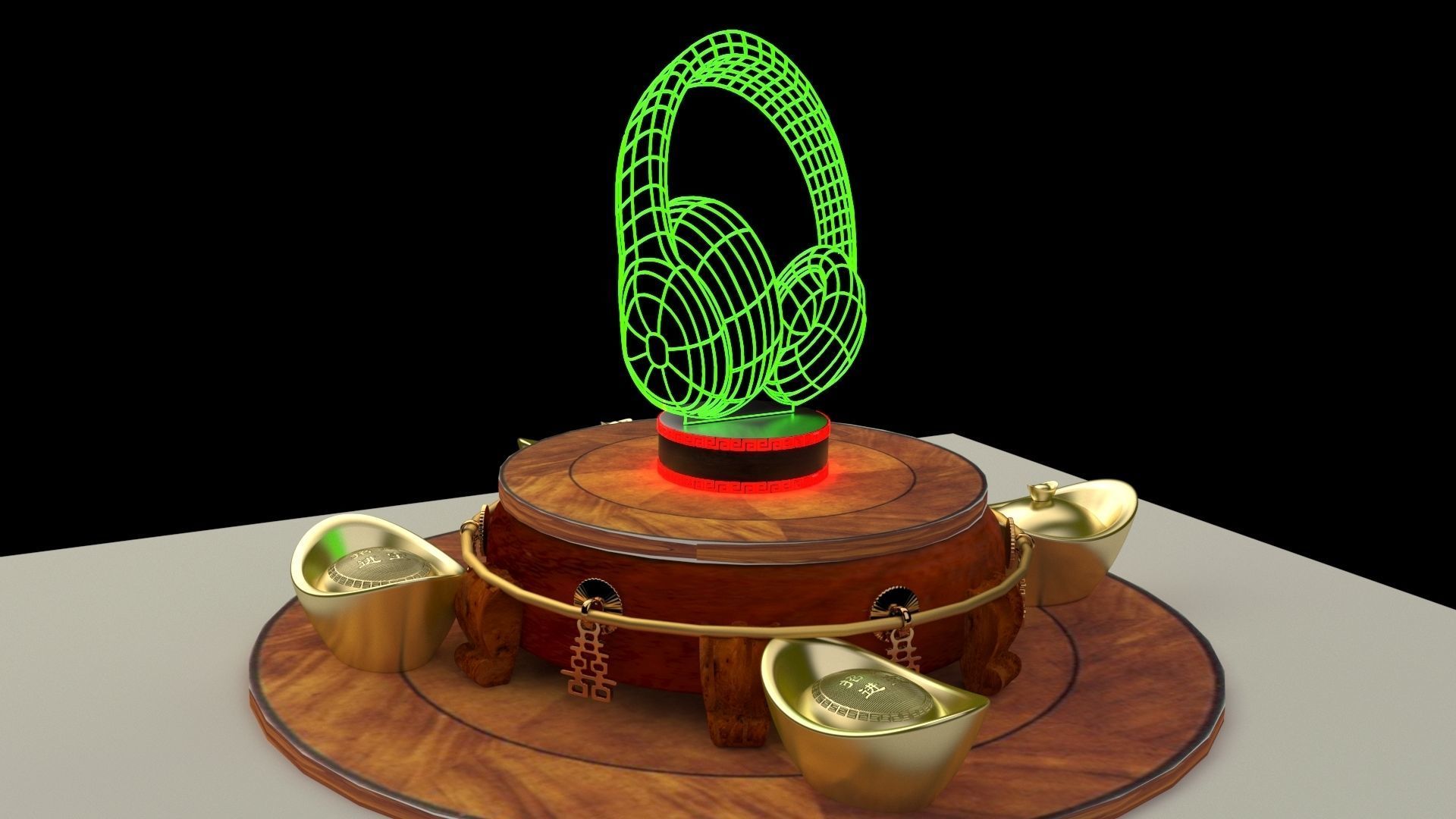 Chinese gold ingot  with neon headphone  3D model_4