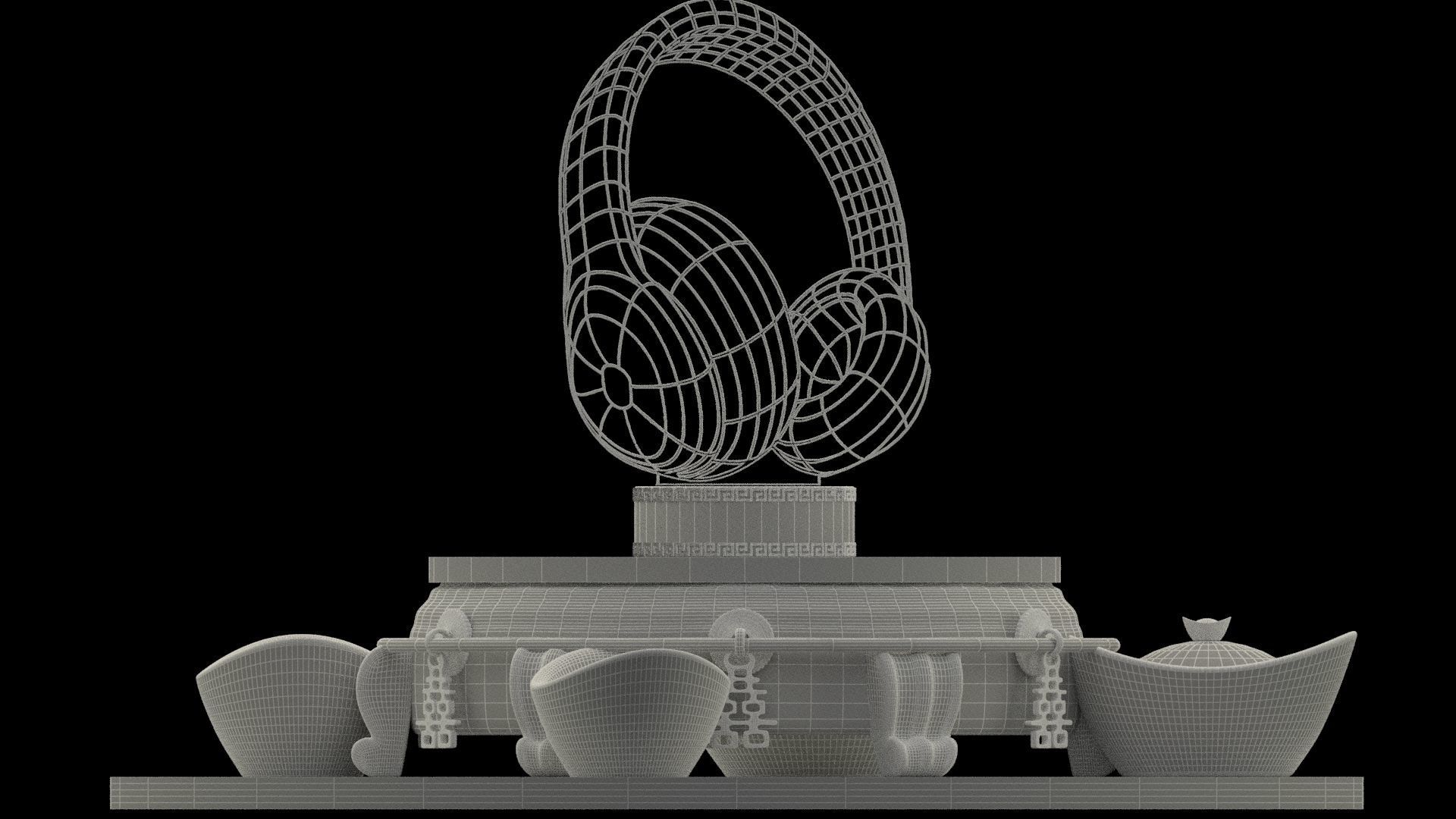 Chinese gold ingot  with neon headphone  3D model_9