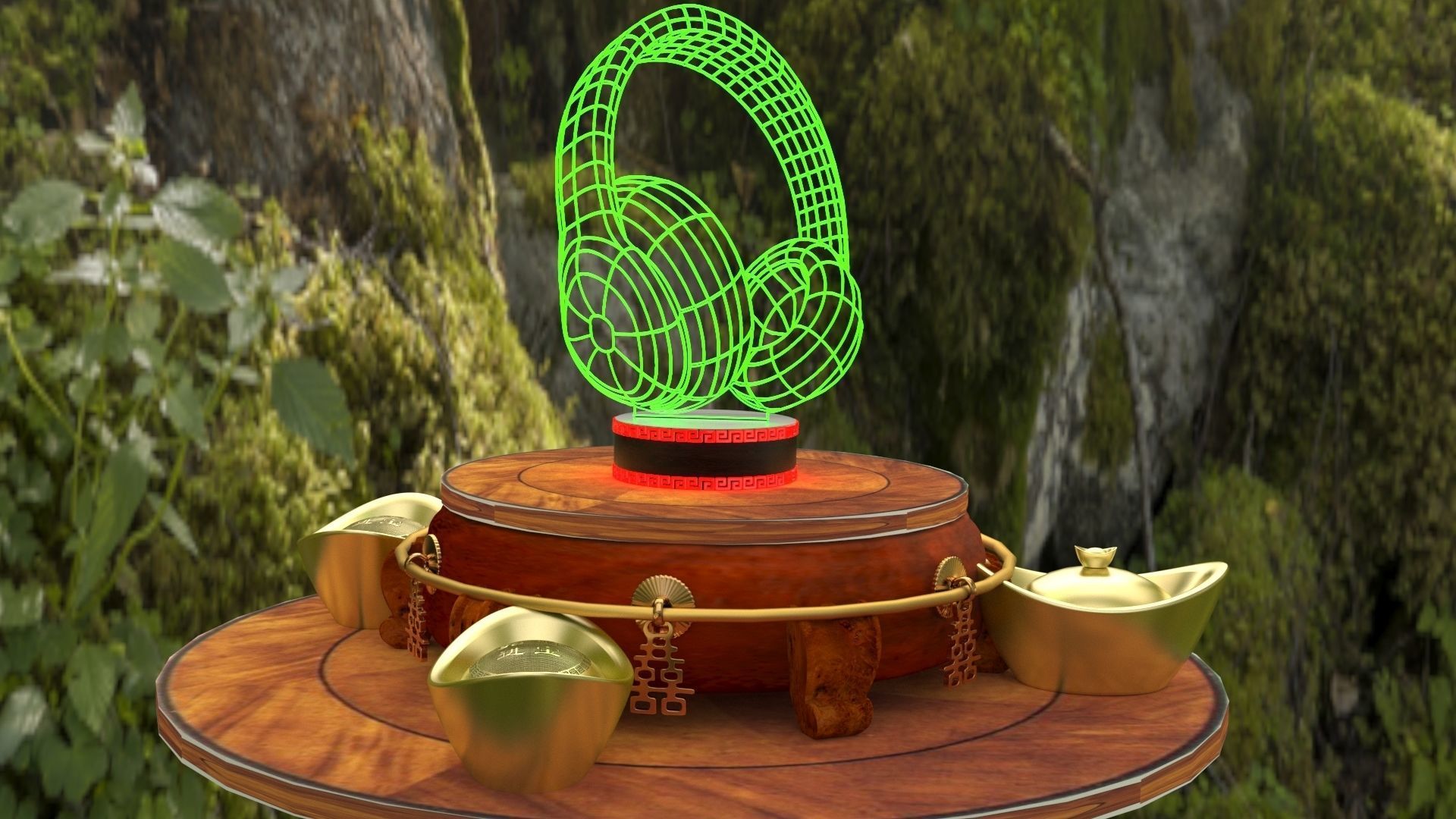 Chinese gold ingot  with neon headphone  3D model_8