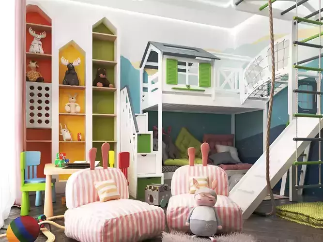 Children Room Design Playhouse Bunk Bed  Colorful Interior