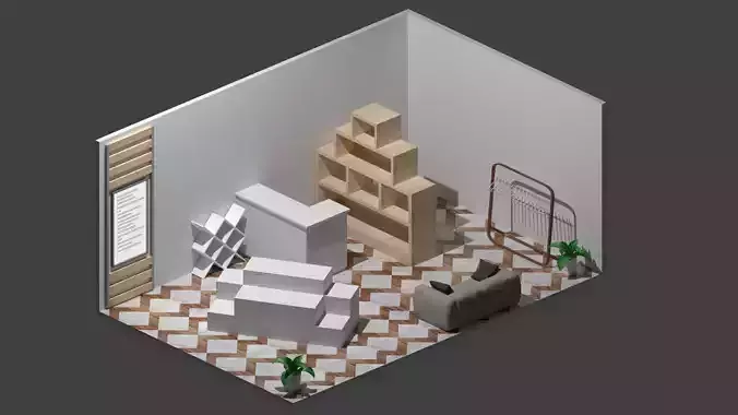 Bookshelf room with furniture and boxes