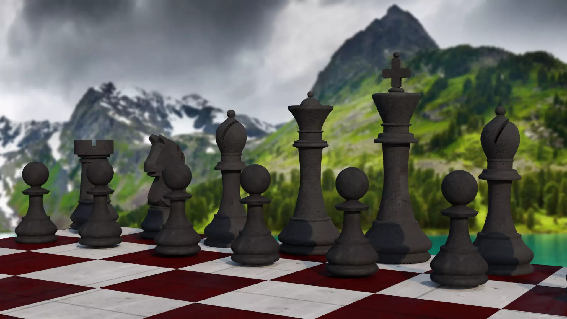 High Poly Chess Set 3D Model in mountains 3D print model_0