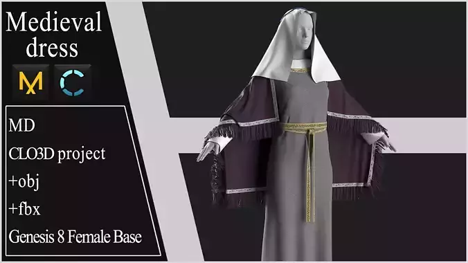 Medieval dress 2 Marvelous Designer project 3D model
