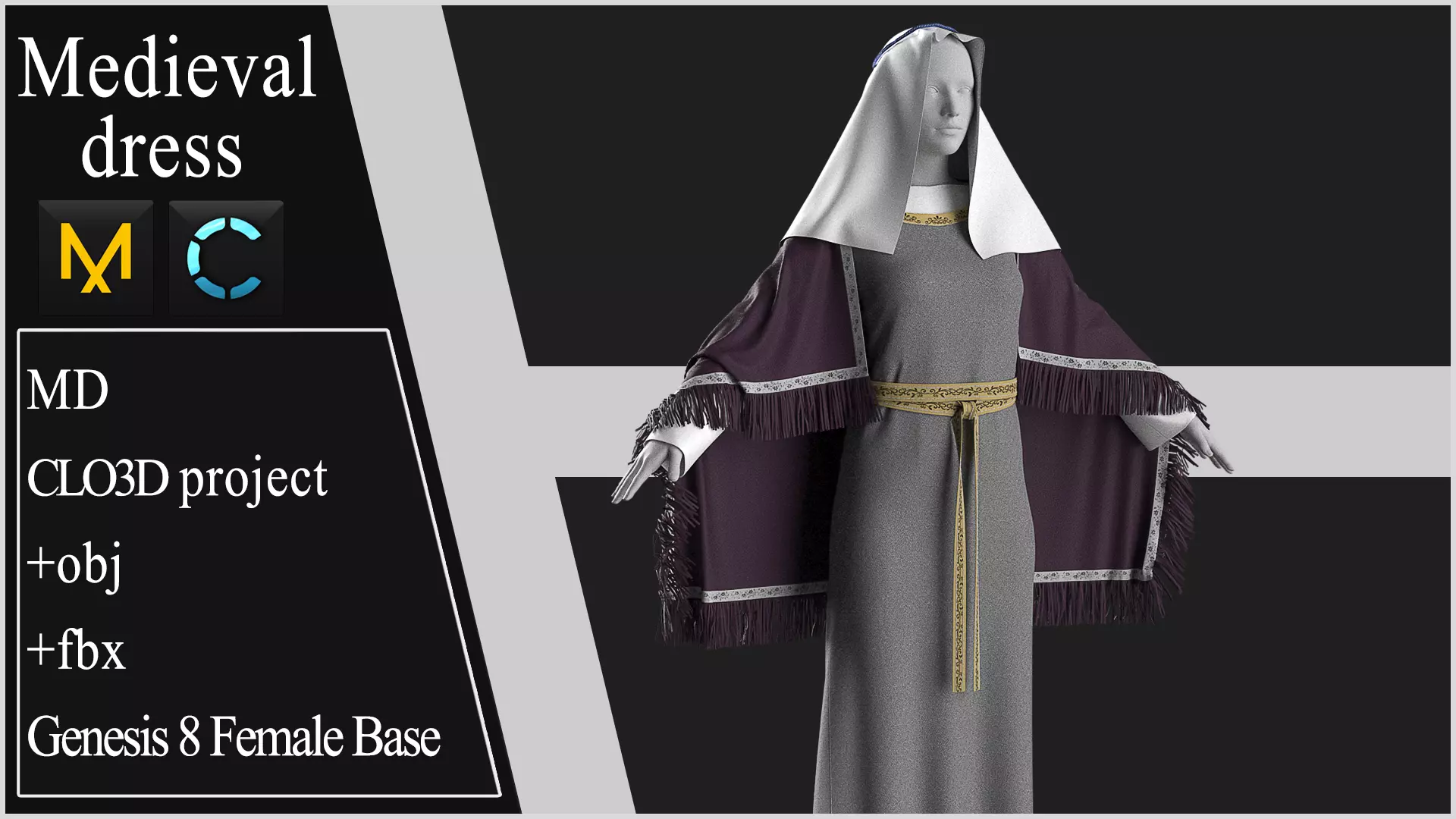 Medieval dress 2 Marvelous Designer project 3D model_0