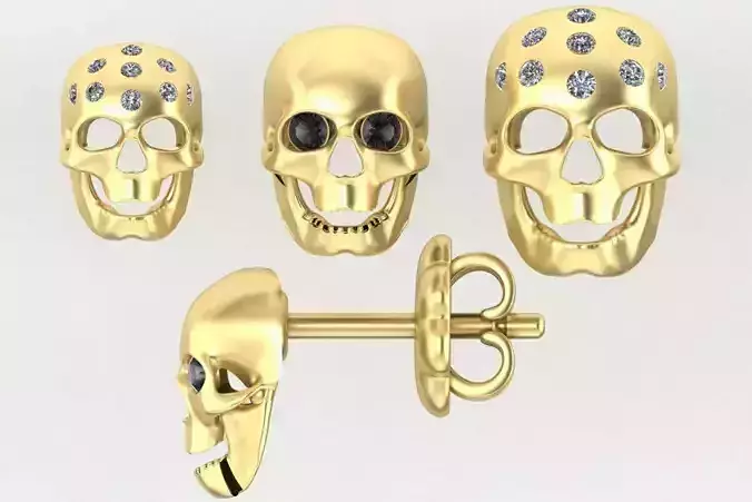  stud earring human scull with gems      