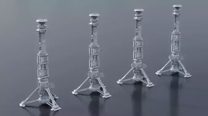 Scifi buildings rocket tower skyscraper Low-poly 3D model
