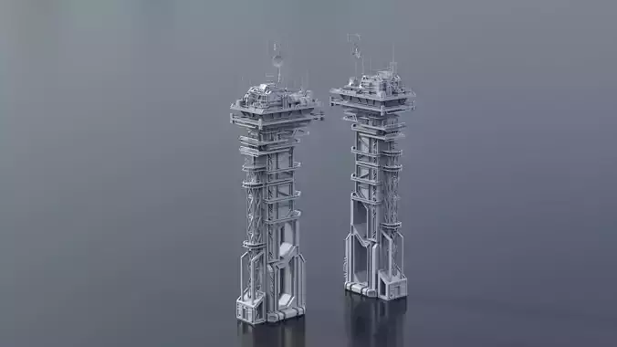 Scifi buildings radiotower skyscraper Low-poly 3D model