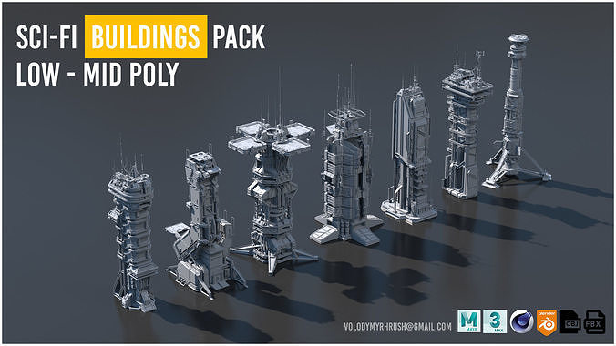 Scifi Futuristic Military buildings PACK Low-poly 3D model 2