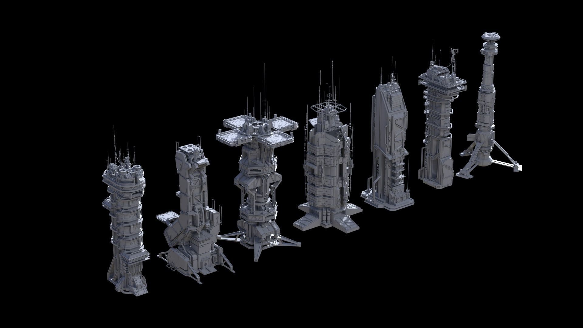 Scifi Futuristic Military buildings PACK Low-poly 3D model_31