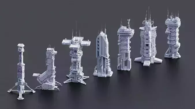 Scifi Futuristic Military buildings PACK Low-poly 3D model