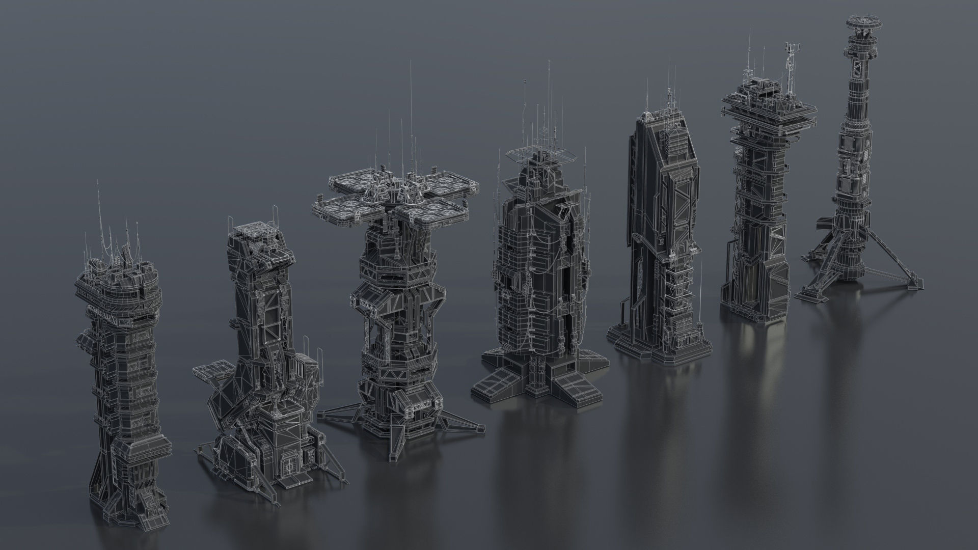 Scifi Futuristic Military buildings PACK Low-poly 3D model_32