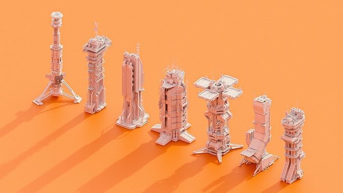 Scifi Futuristic Military buildings PACK Low-poly 3D model 6