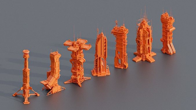 Scifi Futuristic Military buildings PACK Low-poly 3D model 3