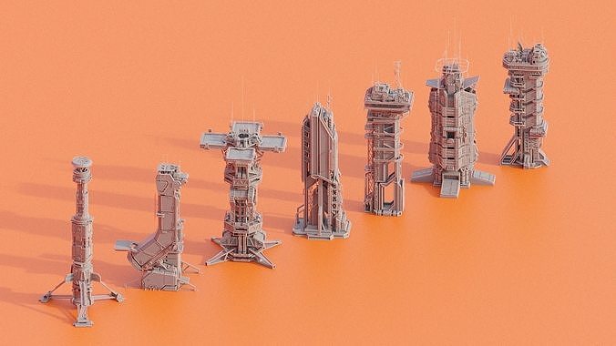Scifi Futuristic Military buildings PACK Low-poly 3D model 7