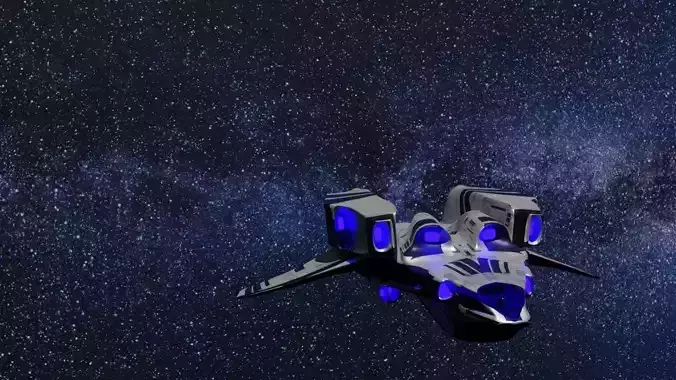 Transport spaceship flying in night sky