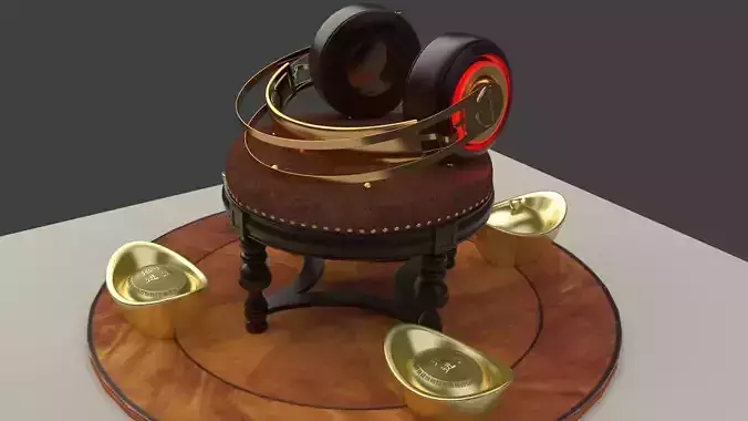 Chinese gold ingot  with neon headphone 