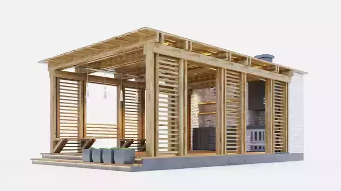 Wooden gazebo with oven 3D model