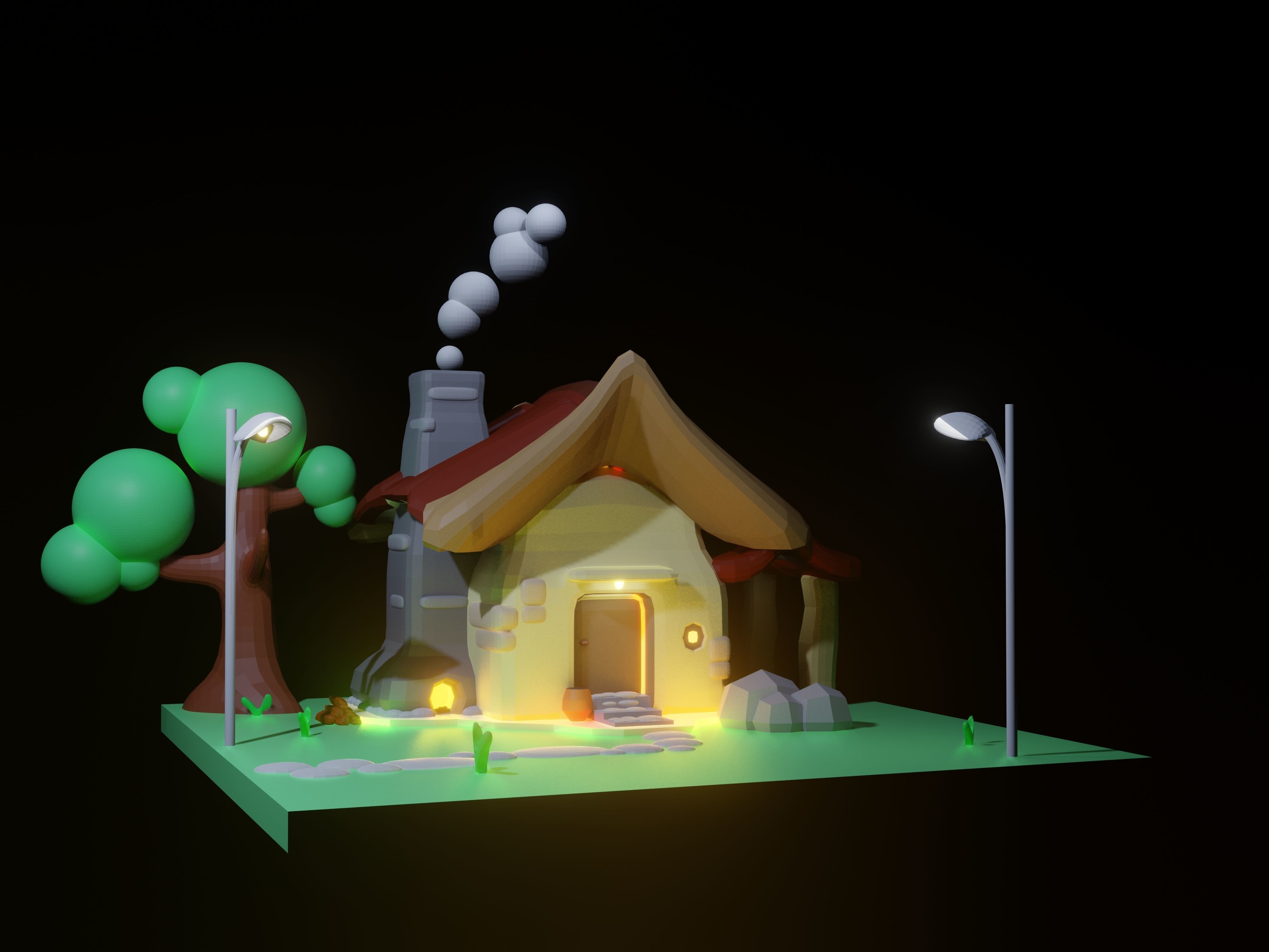 3d minimalist house in the countryside Low-poly 3D model_0