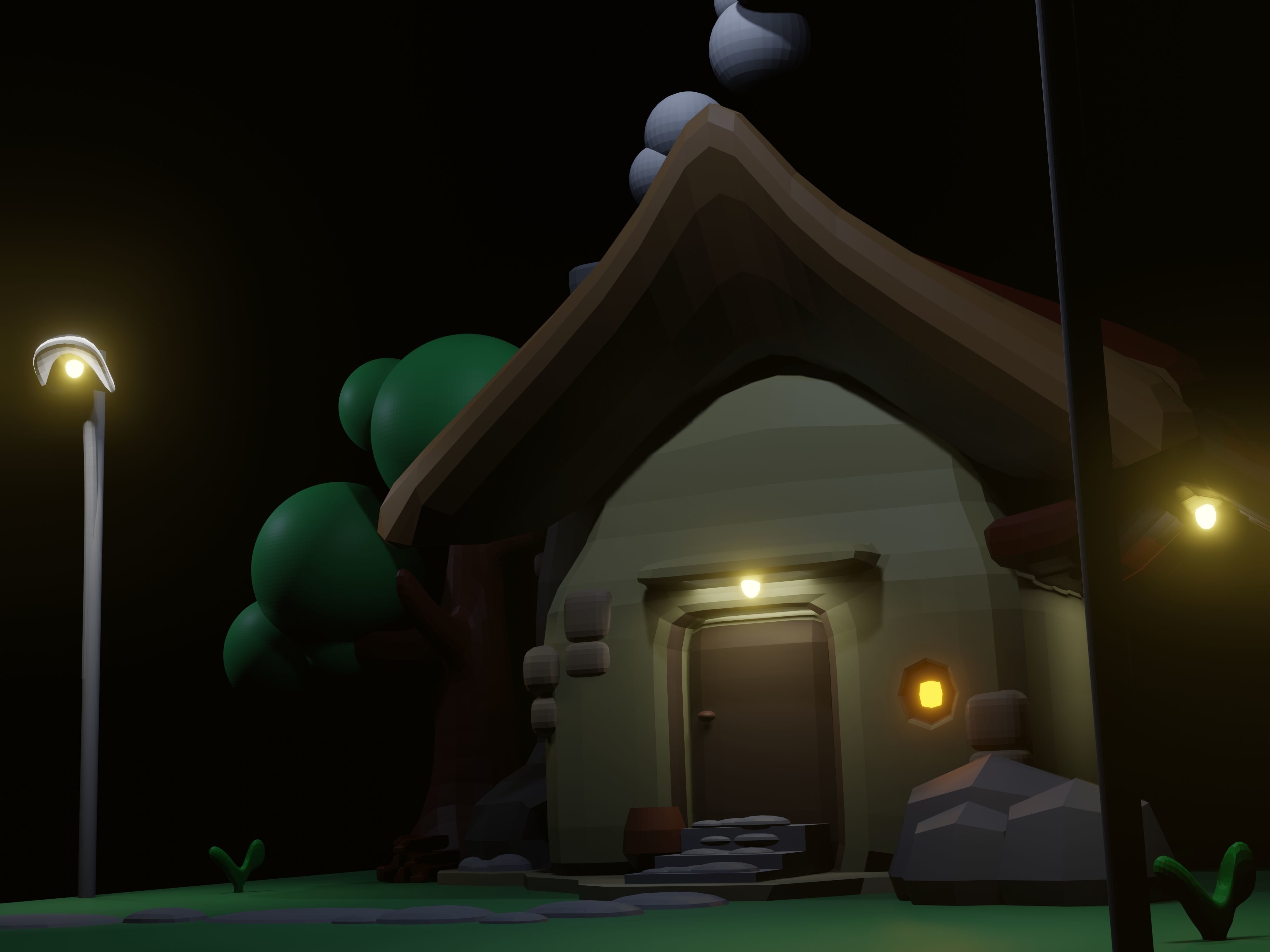 3d minimalist house in the countryside Low-poly 3D model_5