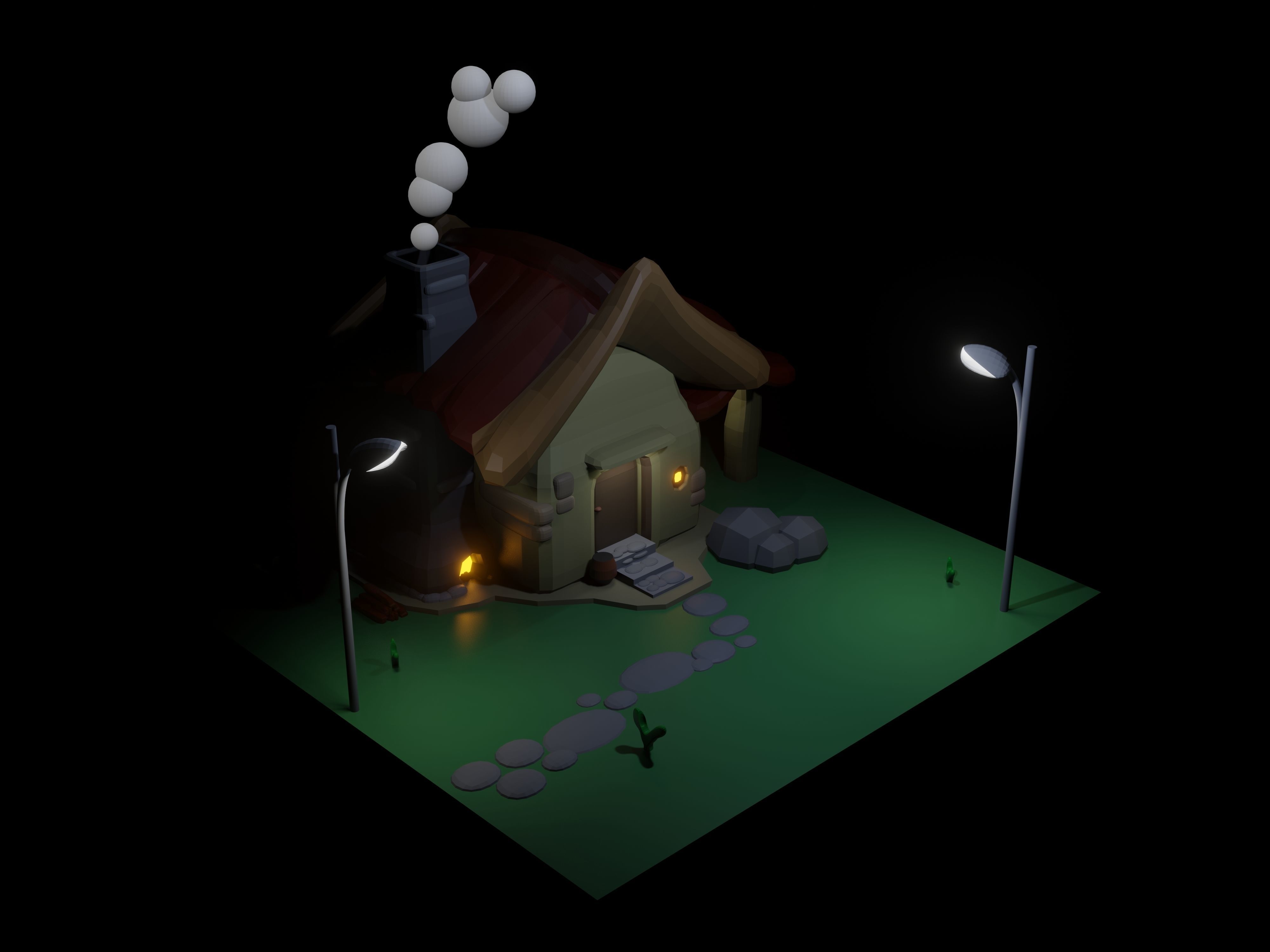 3d minimalist house in the countryside Low-poly 3D model_2