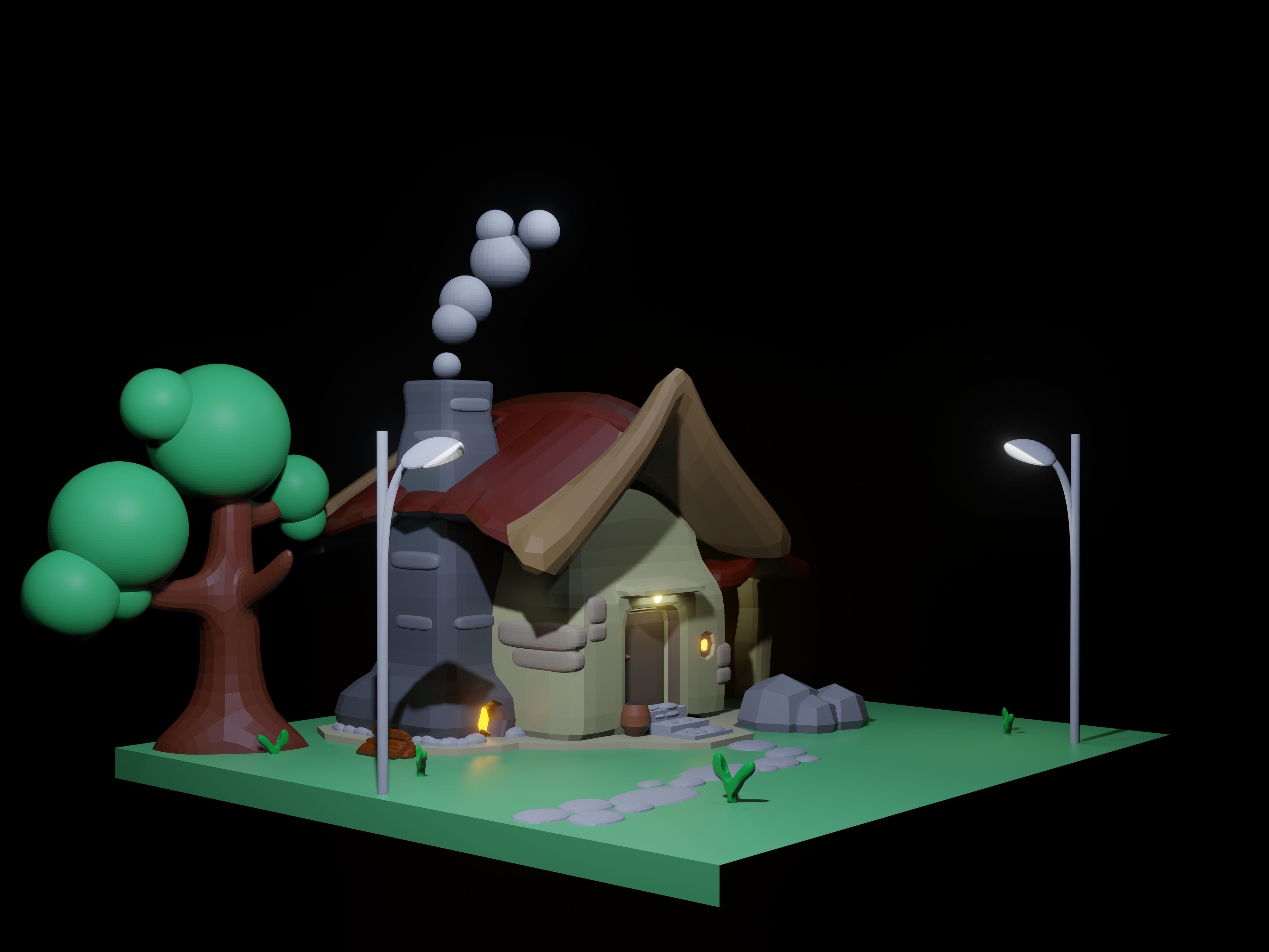 3d minimalist house in the countryside Low-poly 3D model_7