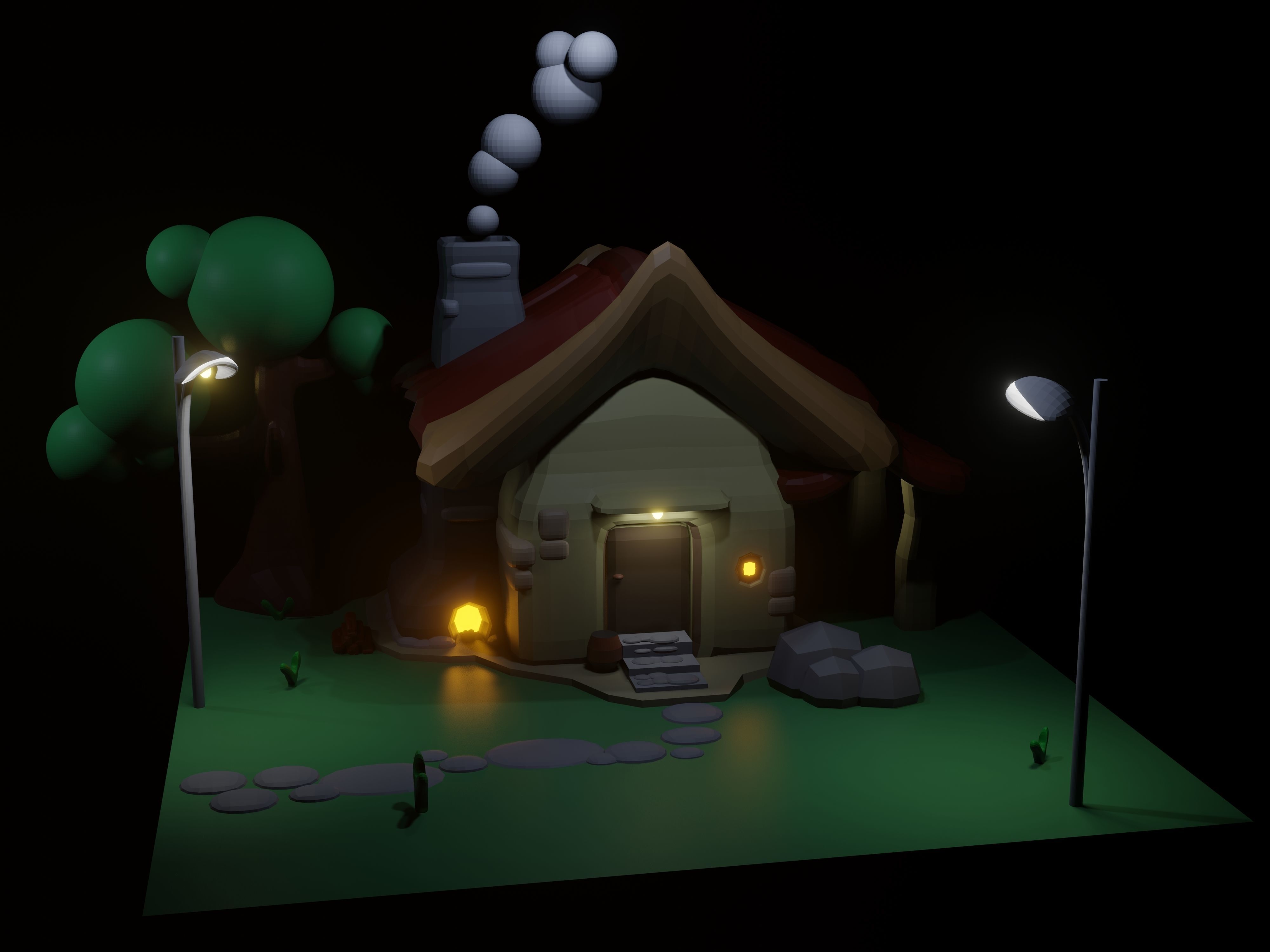 3d minimalist house in the countryside Low-poly 3D model_6