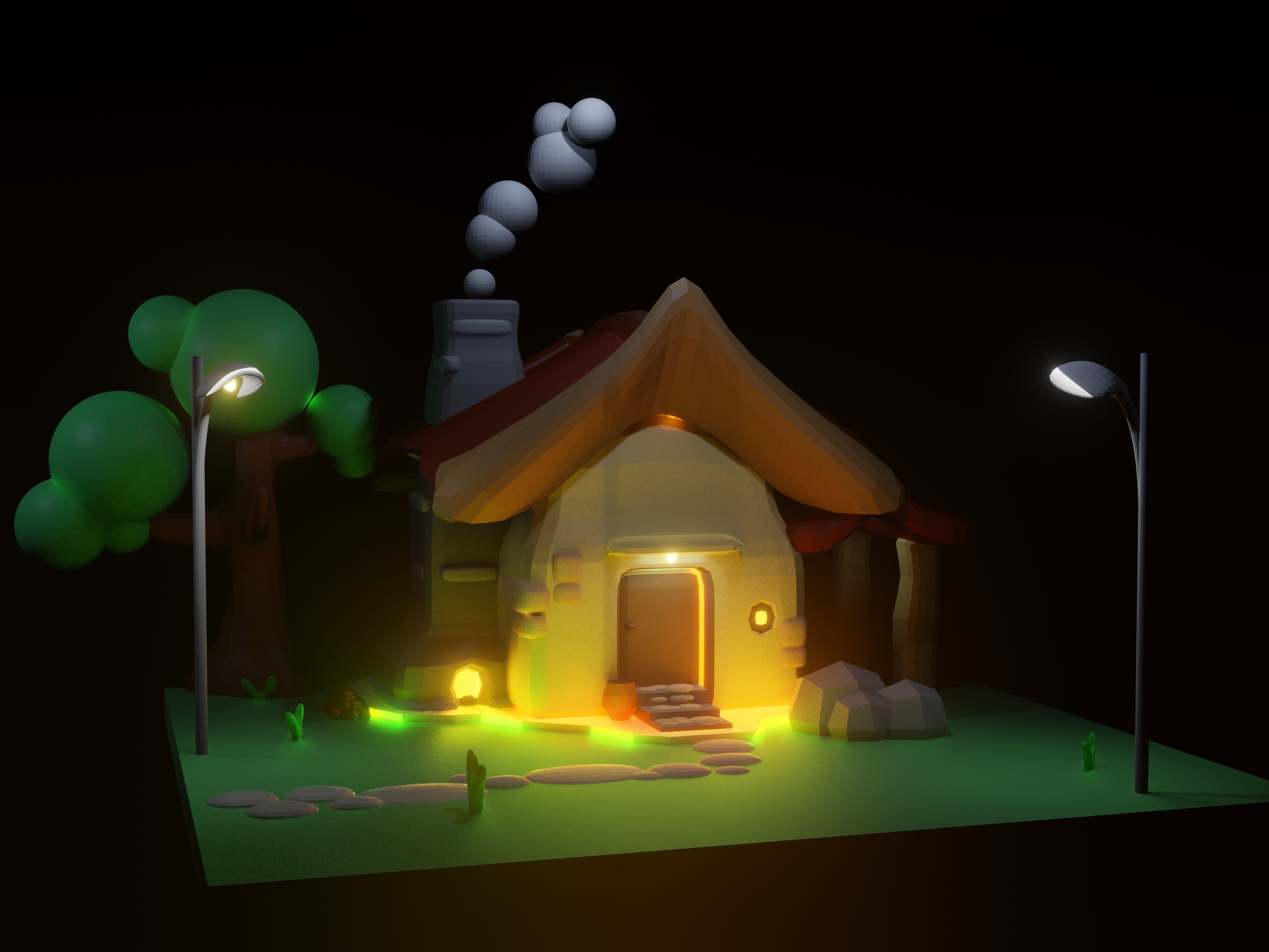 3d minimalist house in the countryside Low-poly 3D model_8