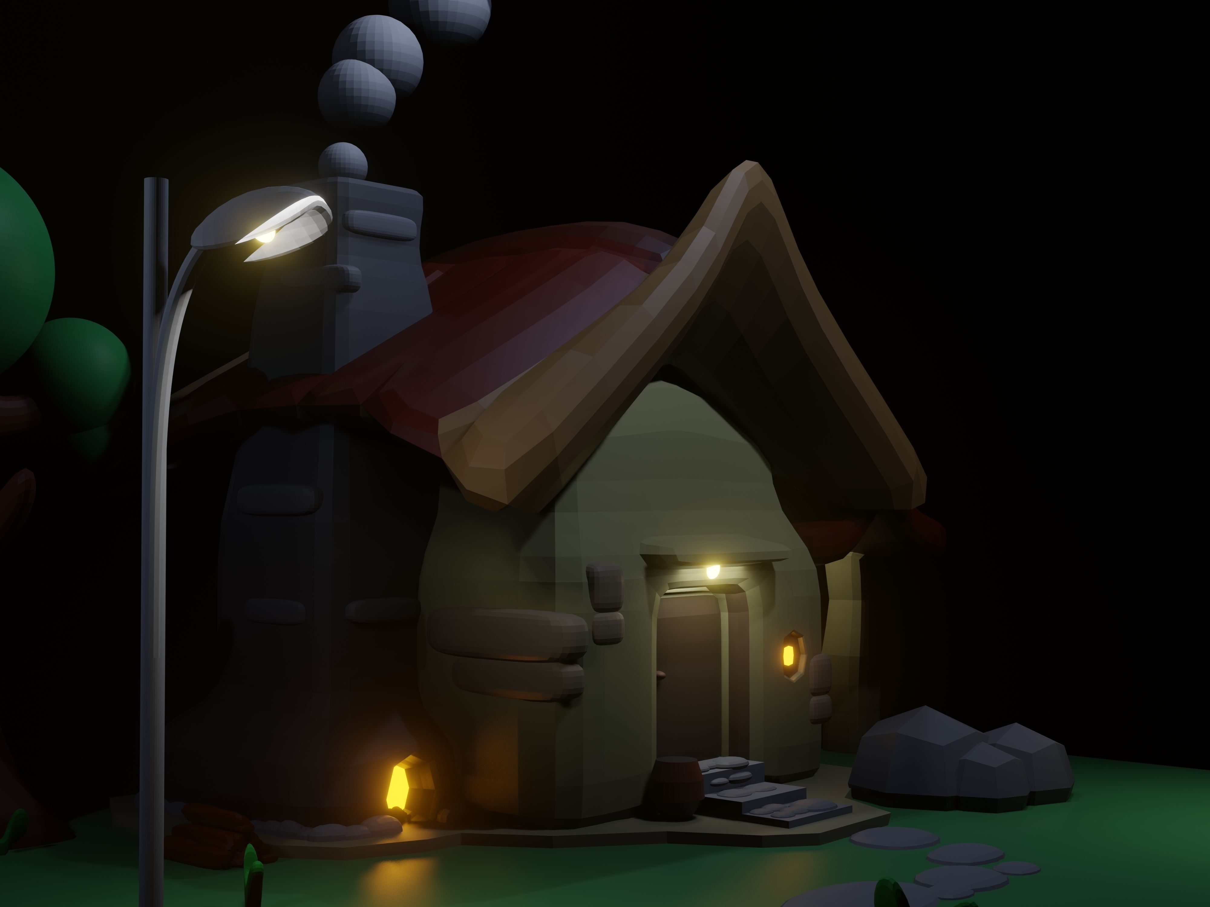 3d minimalist house in the countryside Low-poly 3D model_4