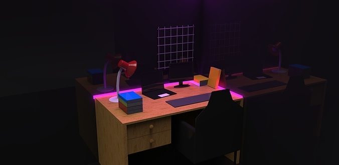 BedRoom computer desk with lights 3D model