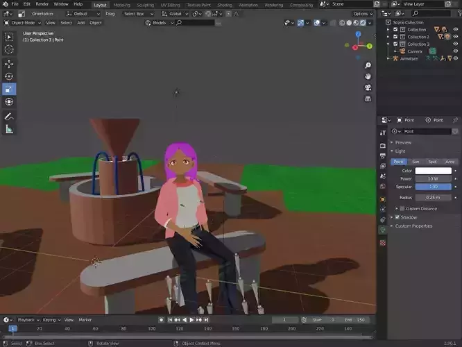 2D Park with Low Poly Water Fountain 