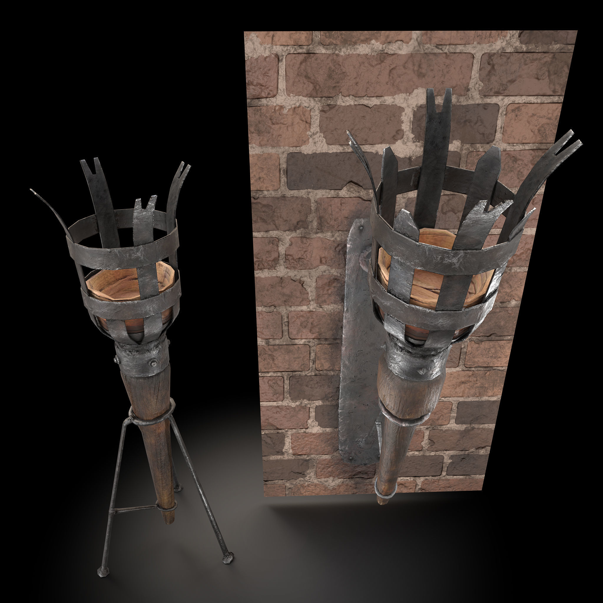 Medieval Wall and Standing Torches 3D Model Collection_7