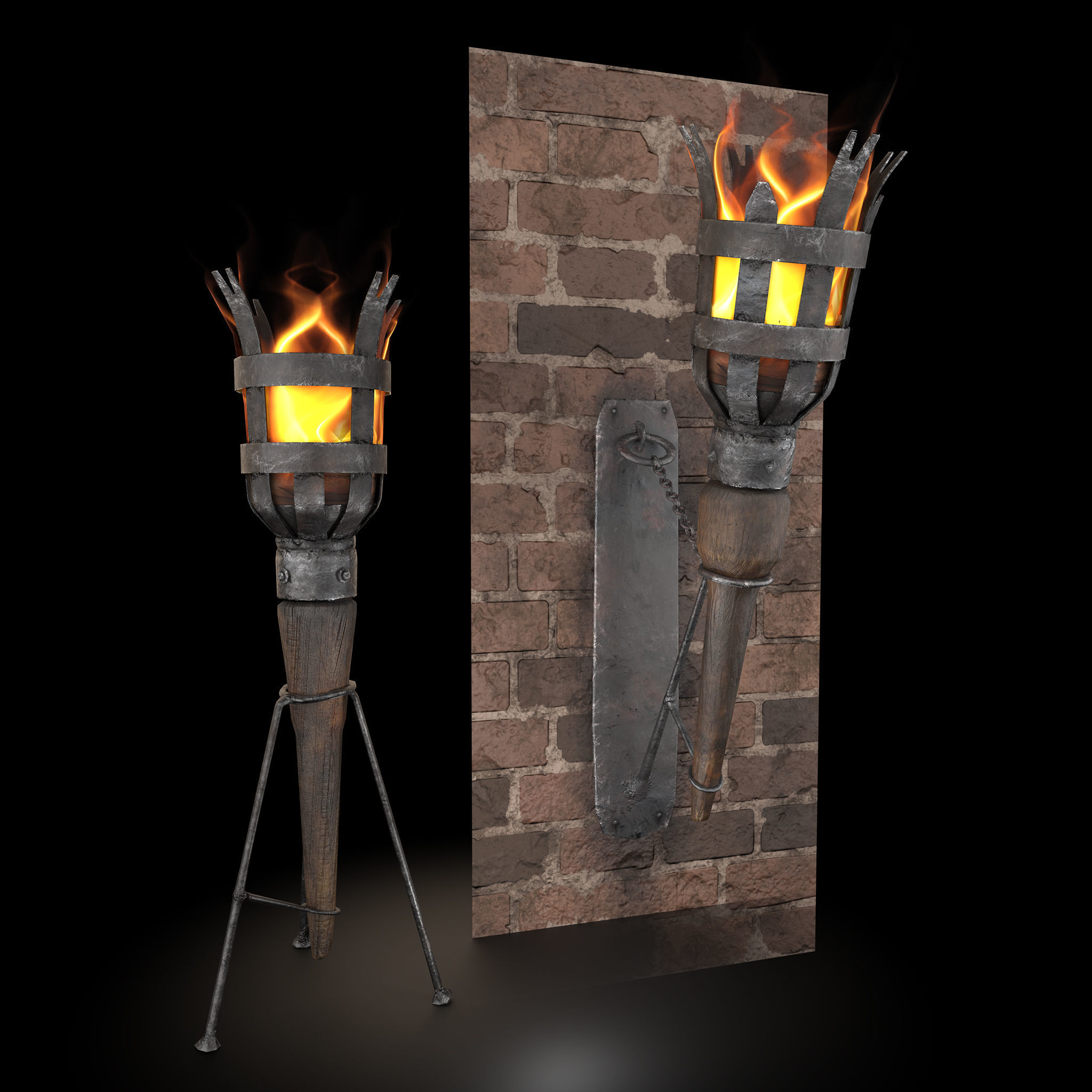 Medieval Wall and Standing Torches 3D Model Collection_4