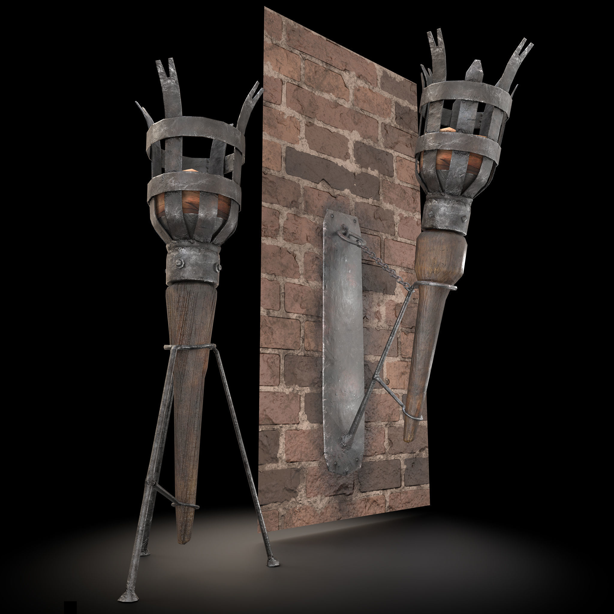 Medieval Wall and Standing Torches 3D Model Collection_8