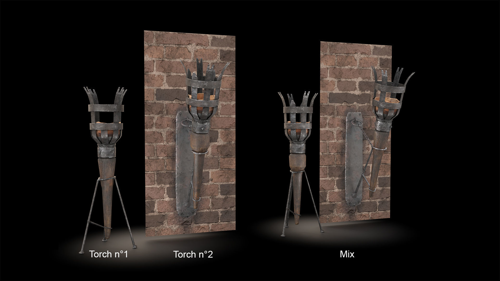 Medieval Wall and Standing Torches 3D Model Collection_9