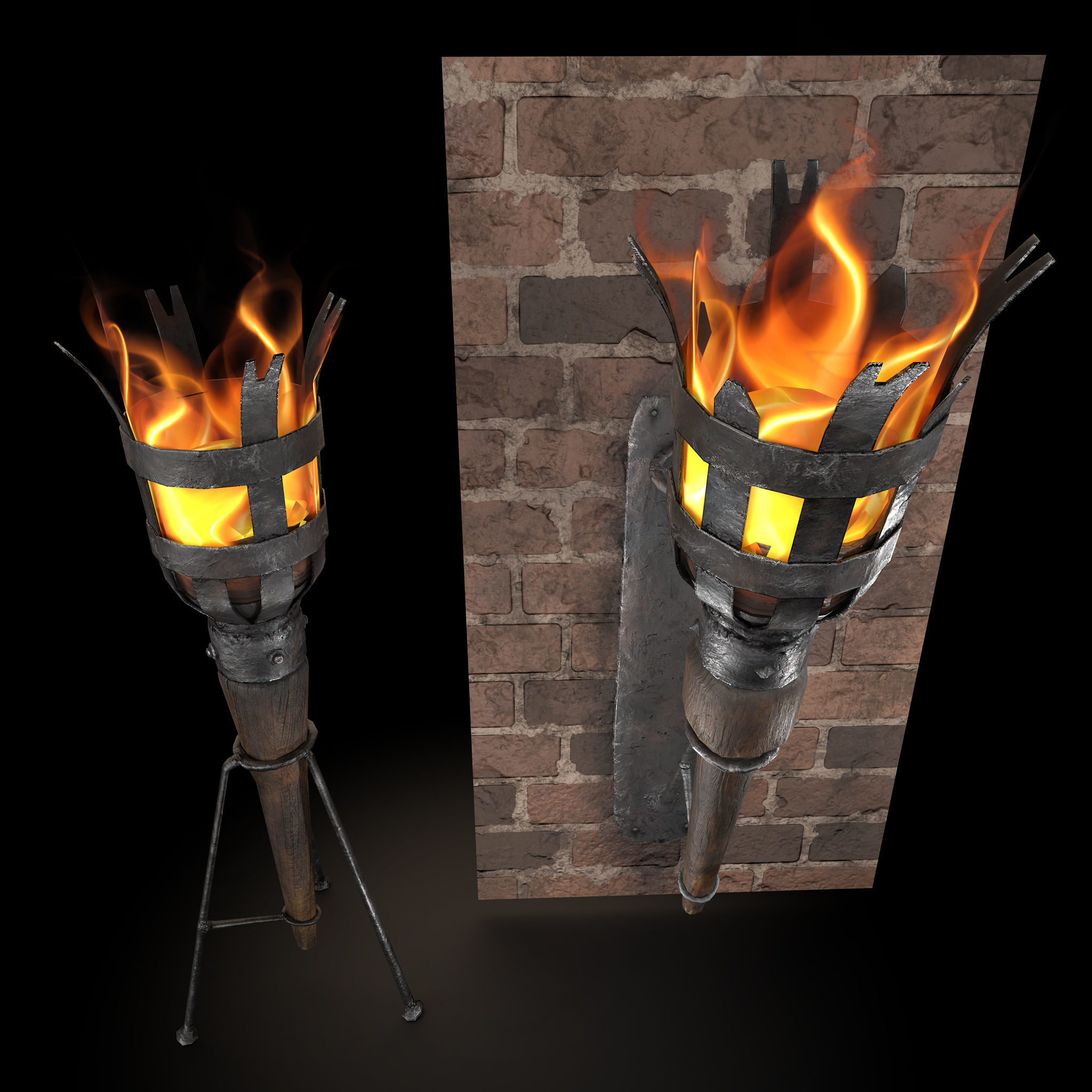 Medieval Wall and Standing Torches 3D Model Collection_53