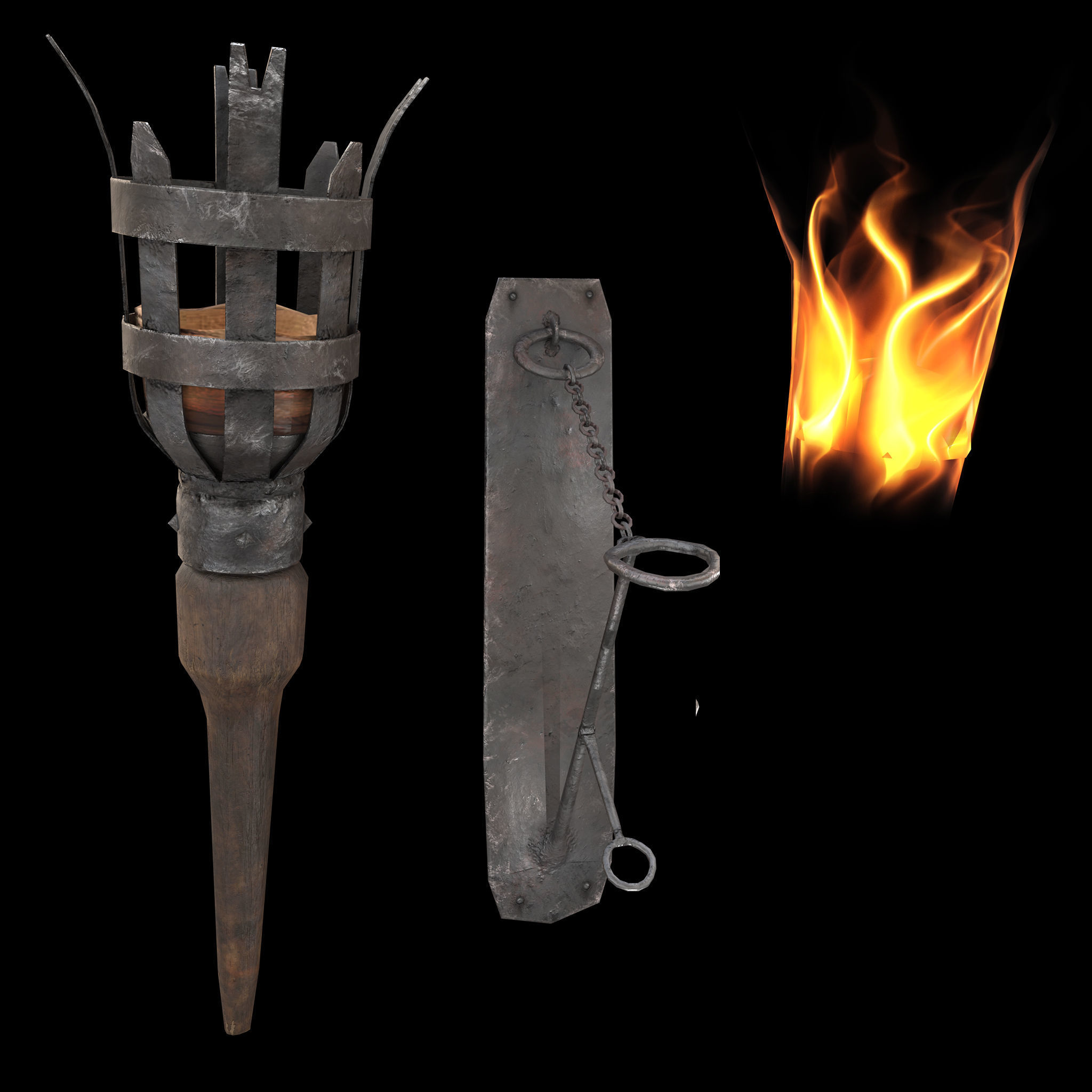Medieval Wall and Standing Torches 3D Model Collection_24