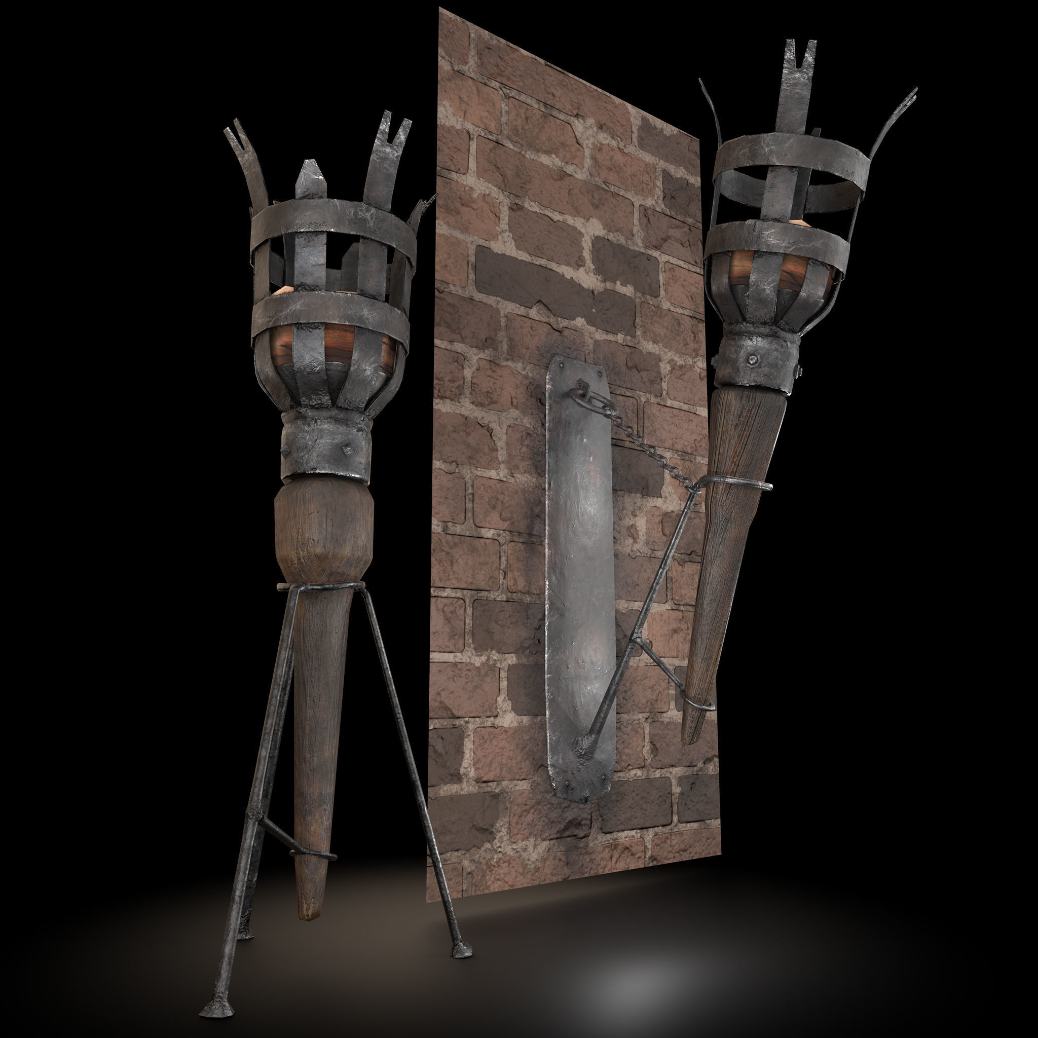 Medieval Wall and Standing Torches 3D Model Collection_13