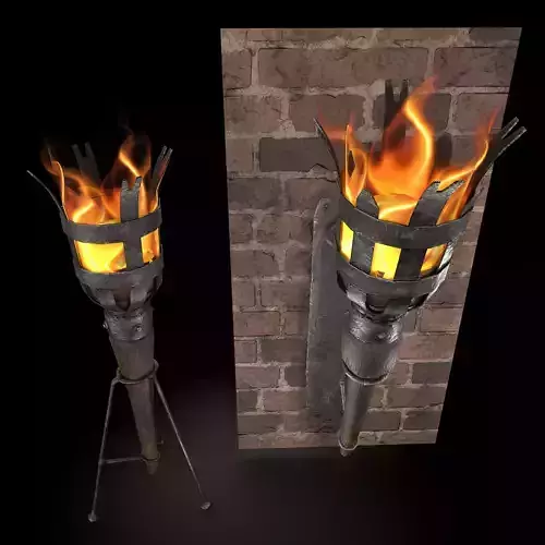 Medieval Wall and Standing Torches 3D Model Collection
