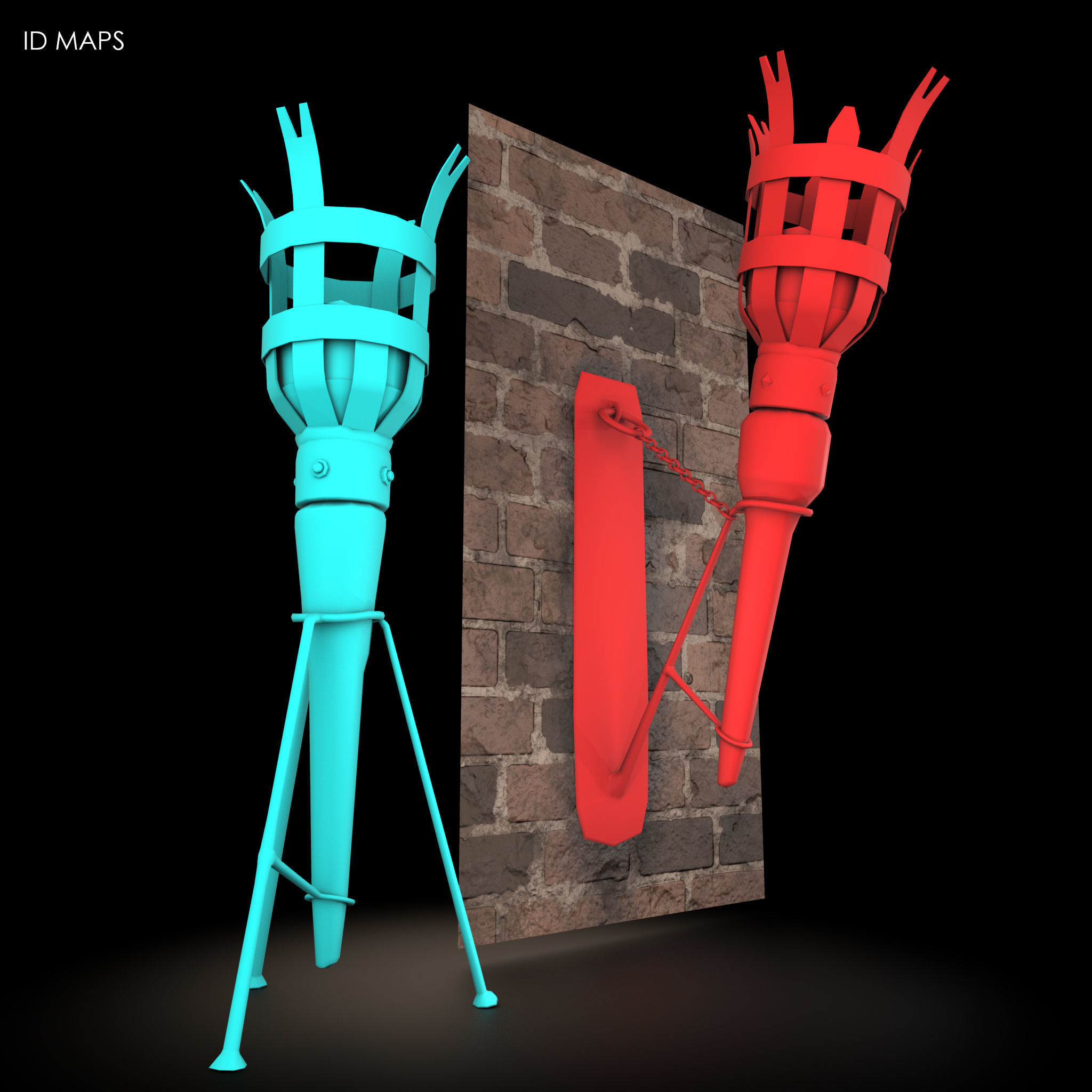 Medieval Wall and Standing Torches 3D Model Collection_11