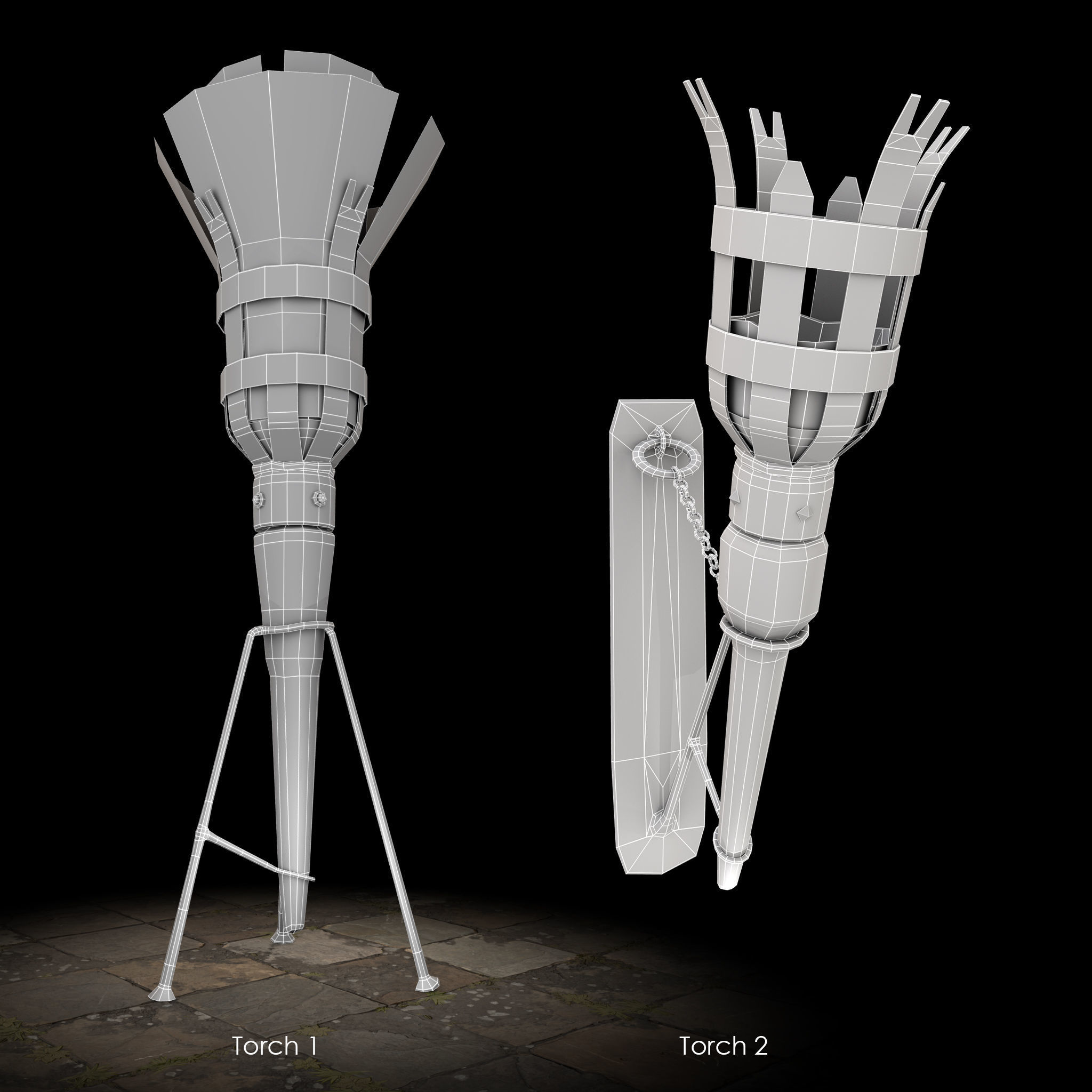 Medieval Wall and Standing Torches 3D Model Collection_16