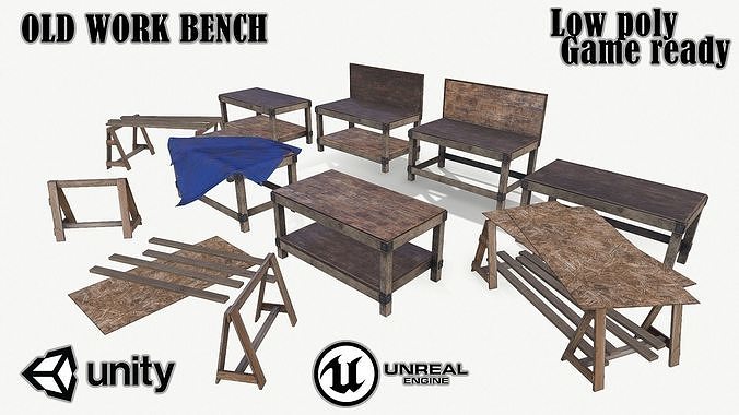 Old work bench Low-poly 3D model