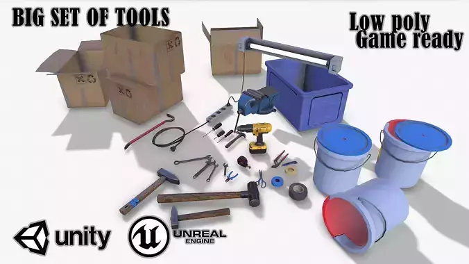 Big set of tools  Low-poly 3D model