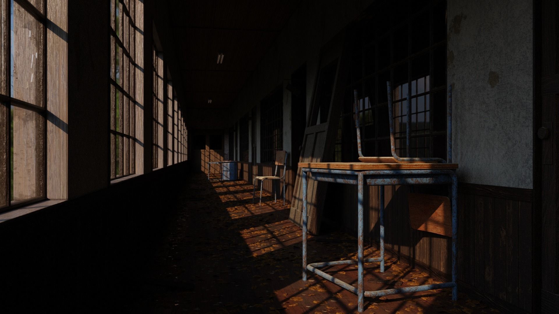 Abandoned School Hallway 3D model_1