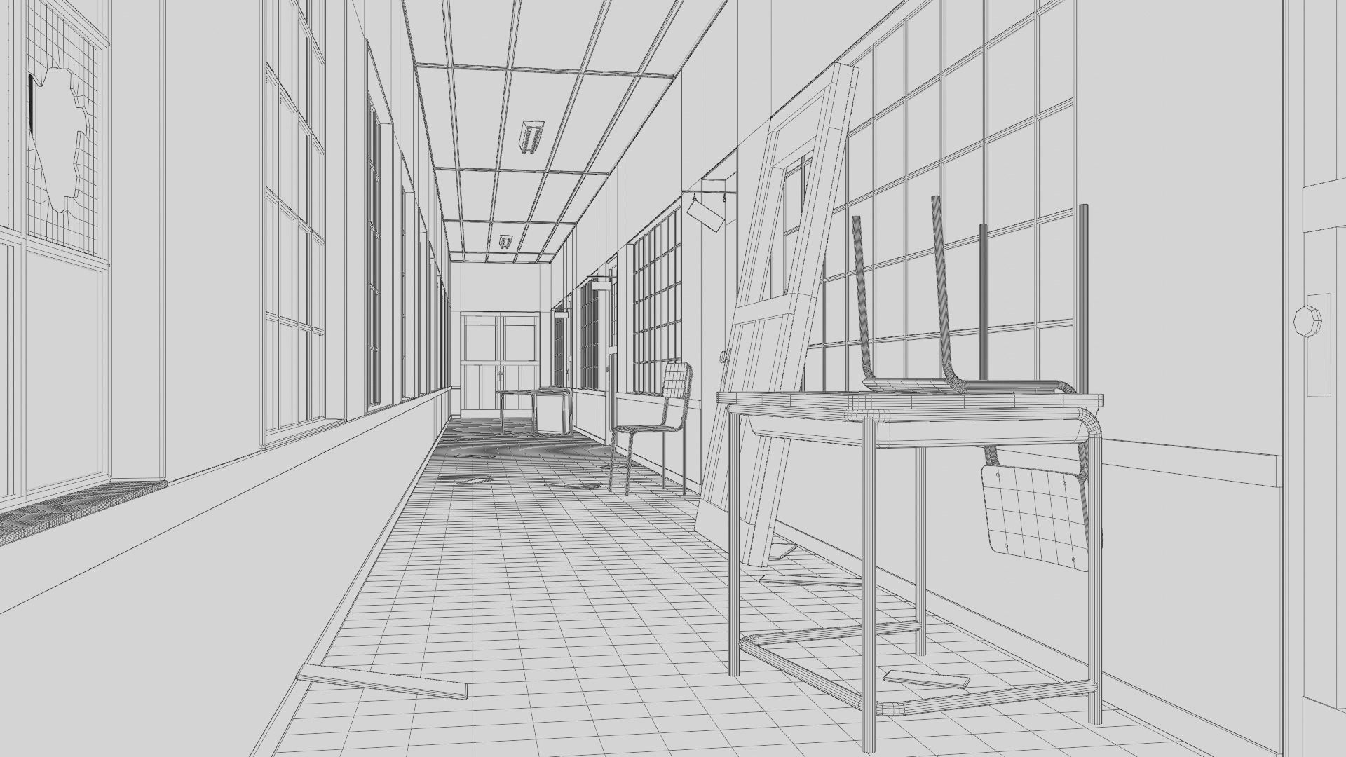 Abandoned School Hallway 3D model_6