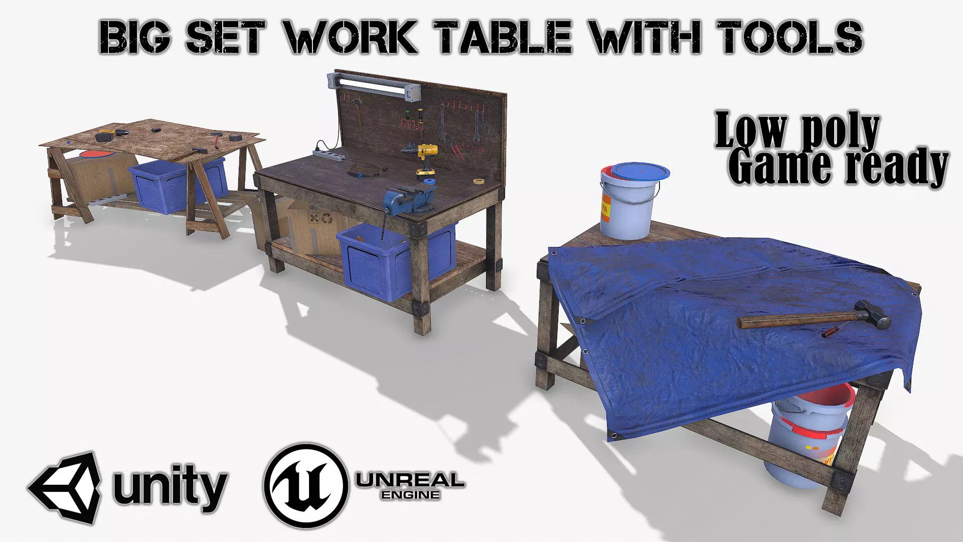 BIG SET WORK TABLE WITH TOOLS Low-poly 3D model_0