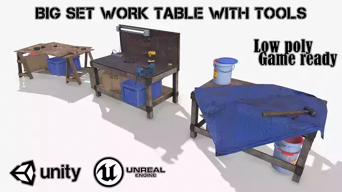 BIG SET WORK TABLE WITH TOOLS Low-poly 3D model