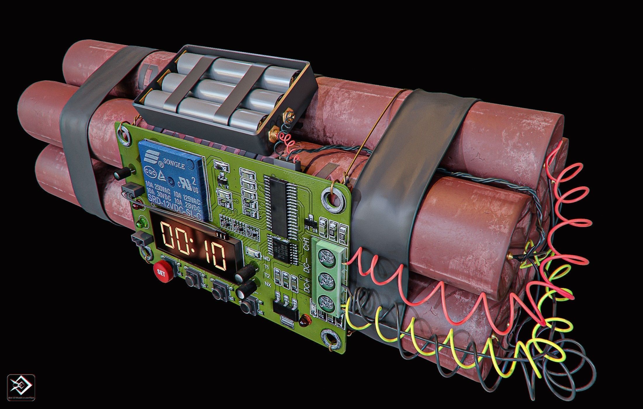 dynamite electronic bomb with wires and clock 3D model_1
